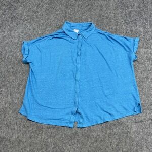 Chicos Shirt Womens XL 3 Blue 100% Linen Collared Short Sleeve Button Front